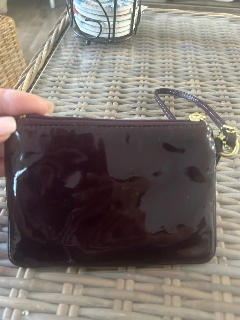 Coach Patent Leather Wristlet - Deep Plum with Gold Hardware